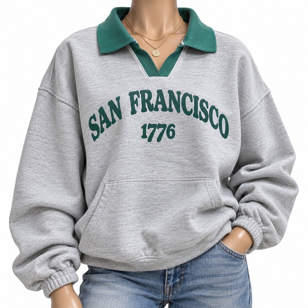 PacSun San Francisco 1776 Oversized Polo Collar Sweatshirt Gray Green XS